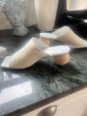 Textured Cream Mule Sandals with Sculpted Wooden Heel